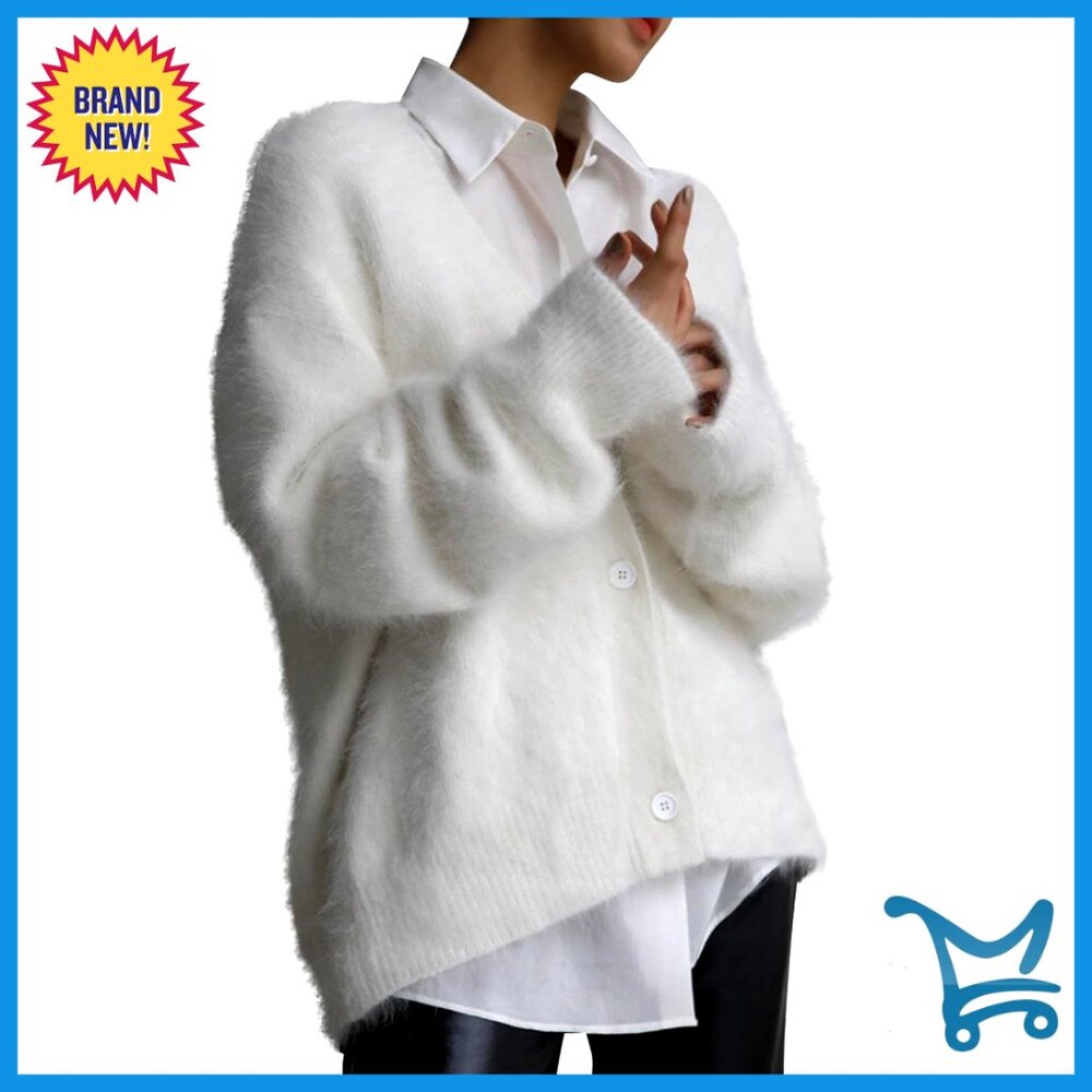 Fuzzy V-Neck Cardigan Sweater Long Sleeve Button Down Soft Furry Top